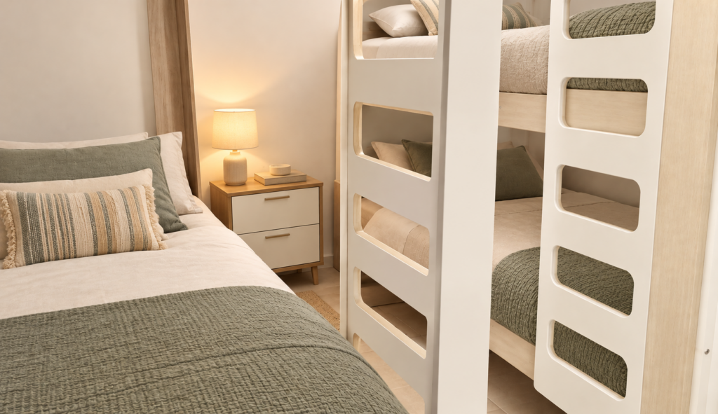 Dormitorio nórdico con literas y luz cálida